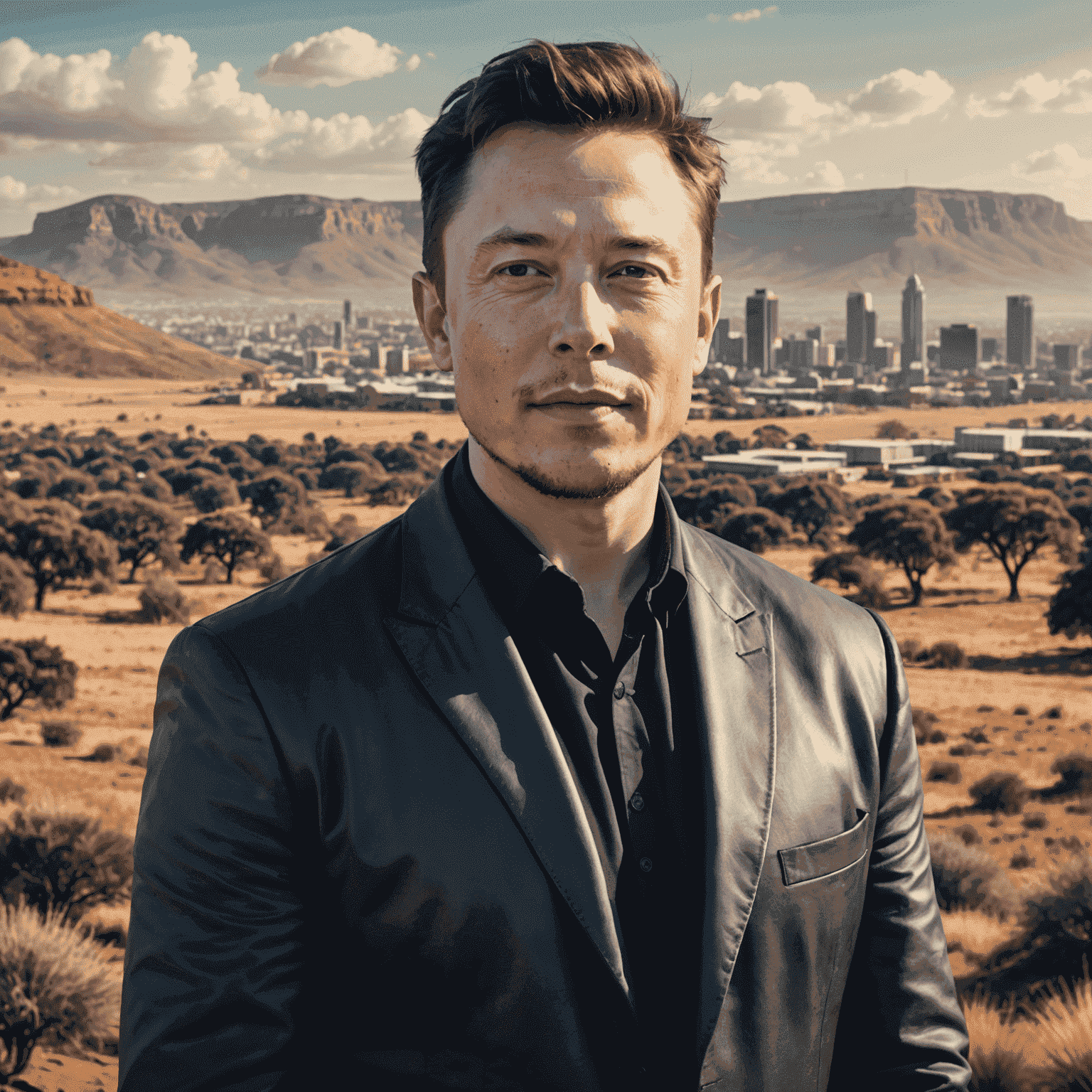 Young Elon Musk standing in front of a South African landscape, with Pretoria skyline visible in the background. The image captures his early years and roots in South Africa.