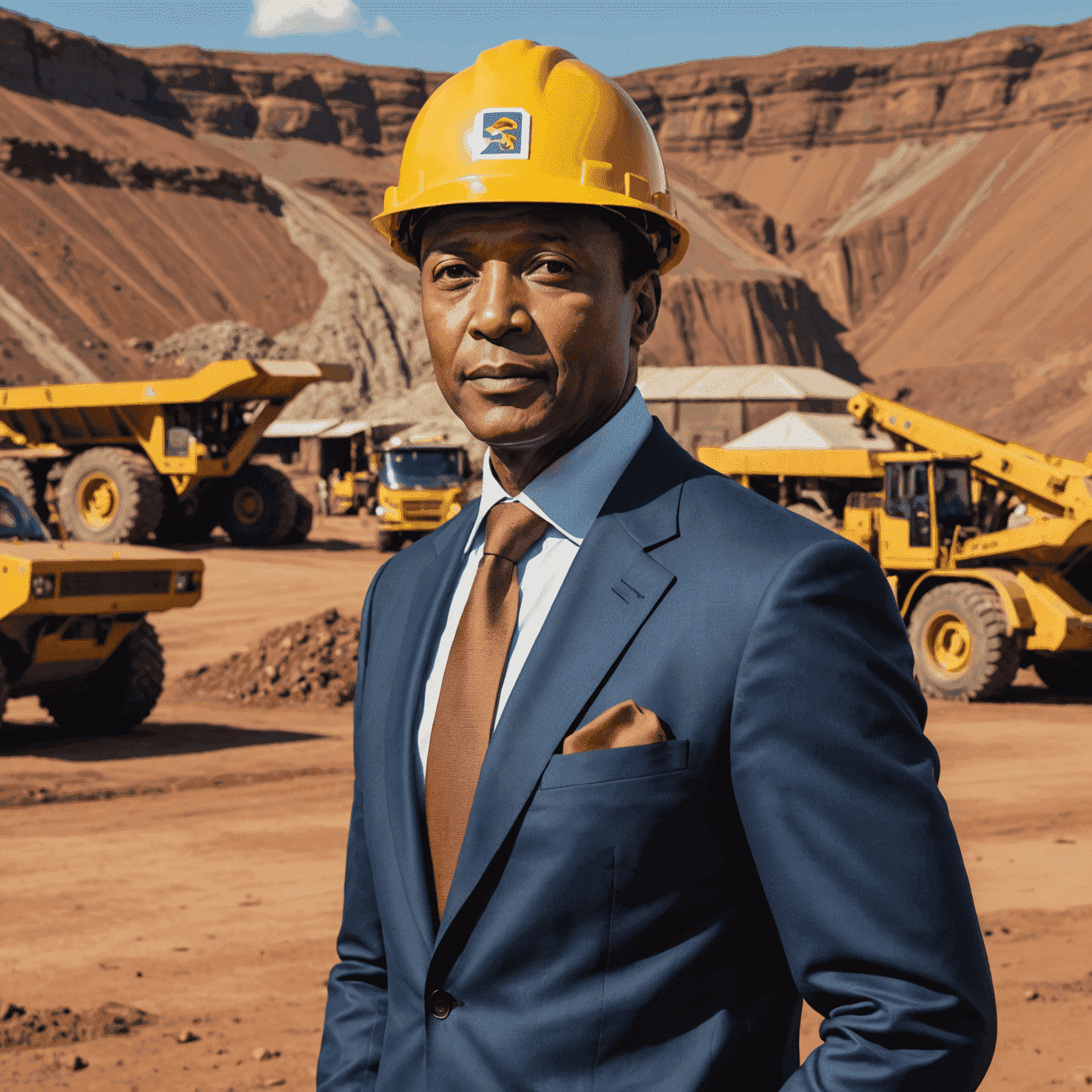 Patrice Motsepe standing in front of a mining operation, wearing a hard hat and business suit, symbolizing his role as a leader in the South African mining industry