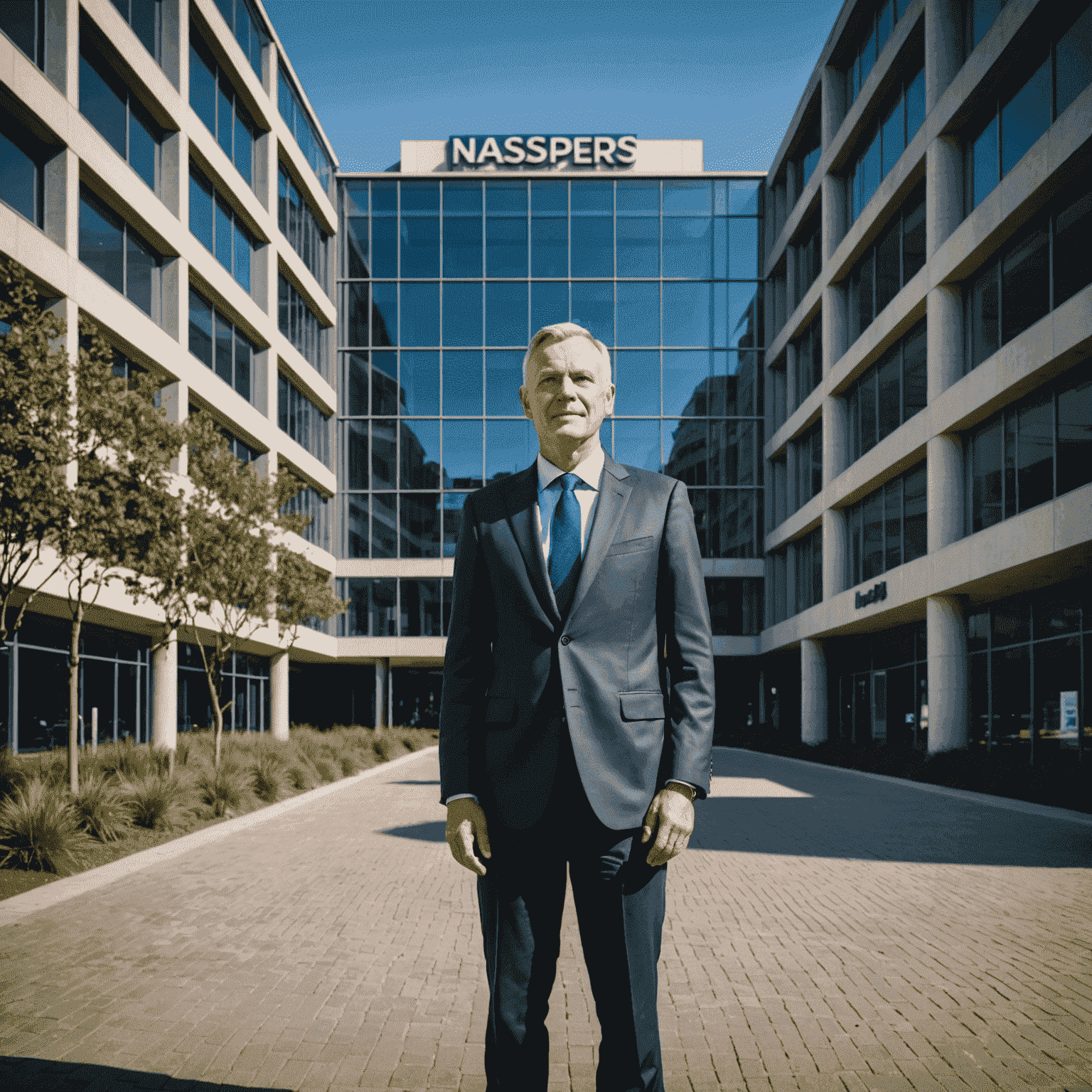 Koos Bekker standing confidently in front of Naspers headquarters, symbolizing his transformation of the company from print to digital media