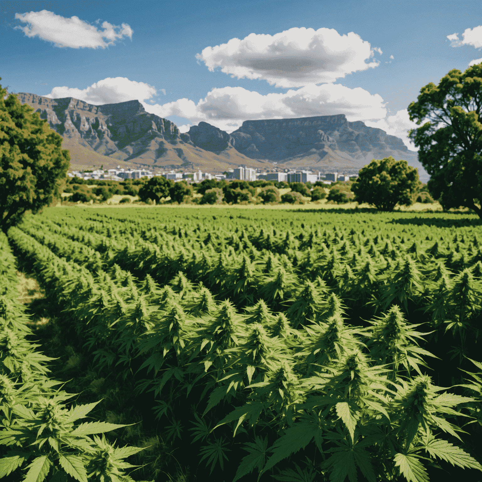 A lush cannabis field in South Africa with Table Mountain in the background, symbolizing the emerging cannabis industry