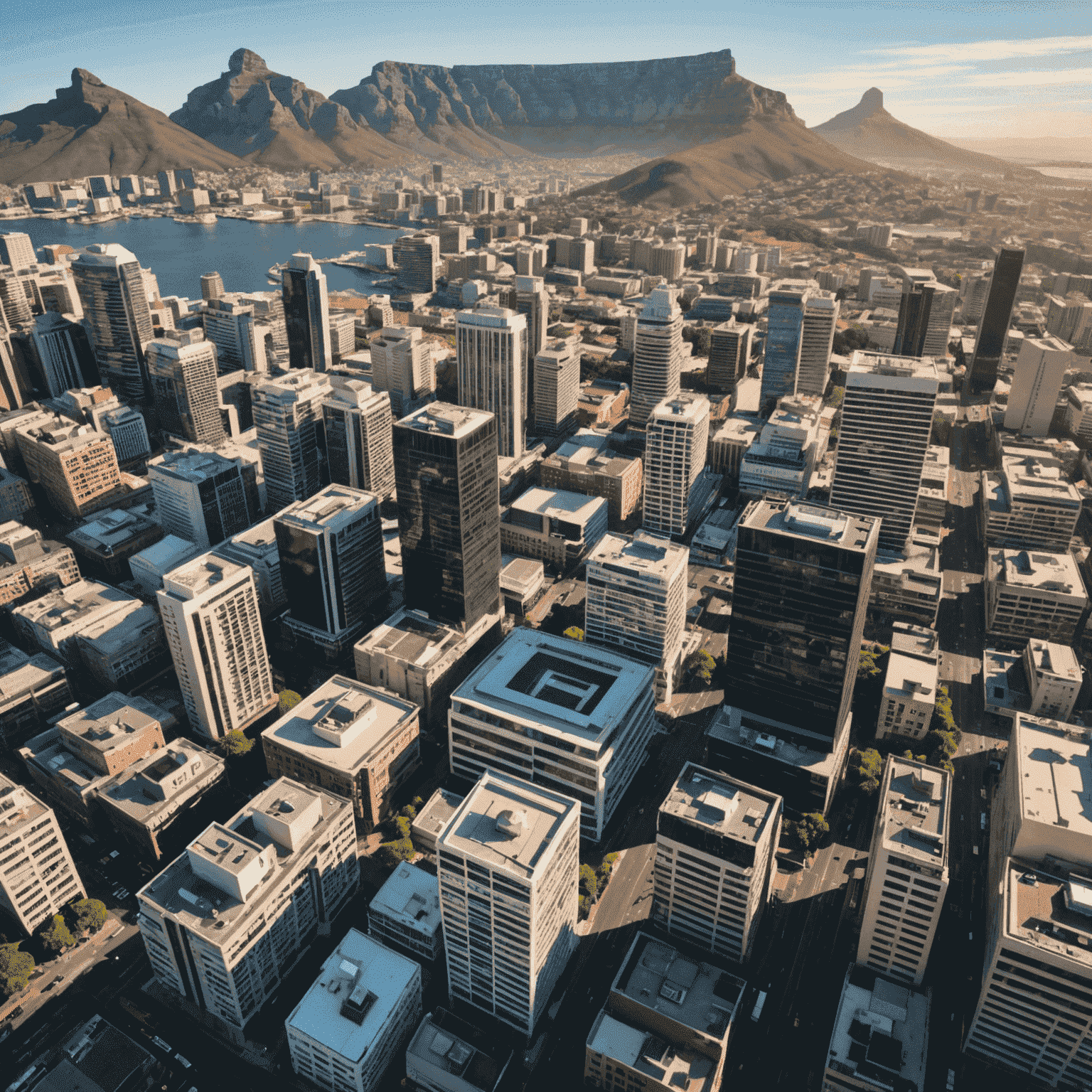 Aerial view of Cape Town's central business district with modern skyscrapers and Table Mountain in the background, symbolizing the city's emergence as a tech hub