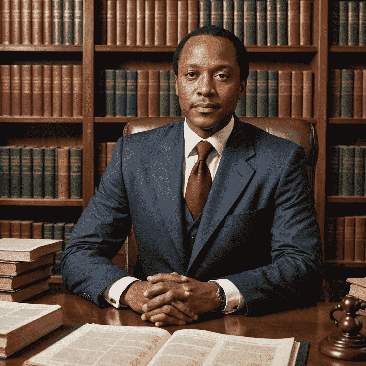 Young Patrice Motsepe in a law office, surrounded by legal books and documents, representing his early career as a lawyer specializing in mining law