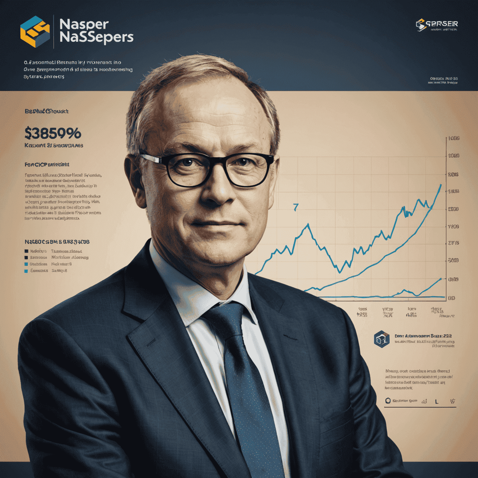 A graph showing the exponential growth of Naspers' value after its investment in Tencent, with Koos Bekker's portrait overlaid