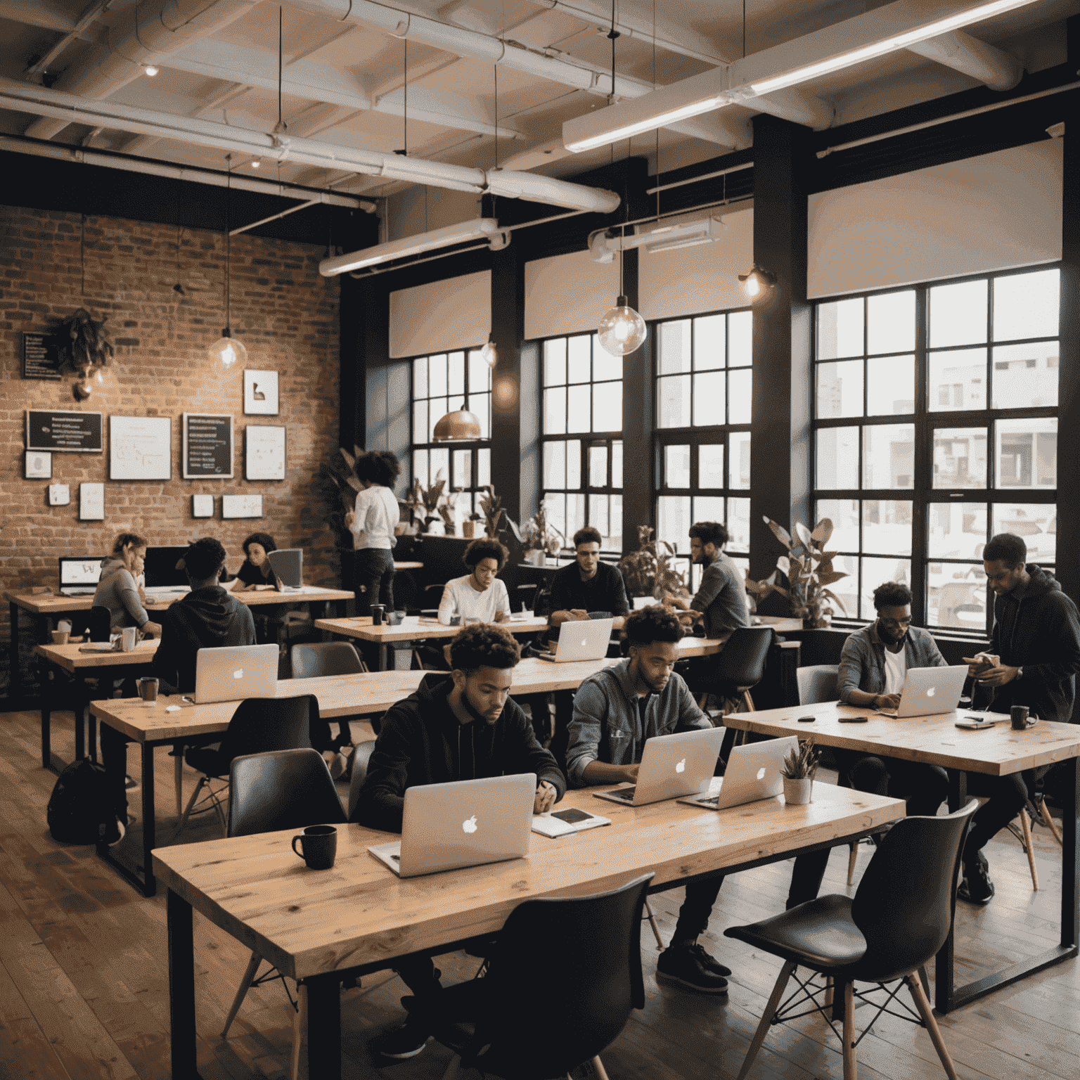 A modern co-working space in Cape Town filled with young entrepreneurs working on laptops, showcasing the collaborative nature of the city's tech ecosystem