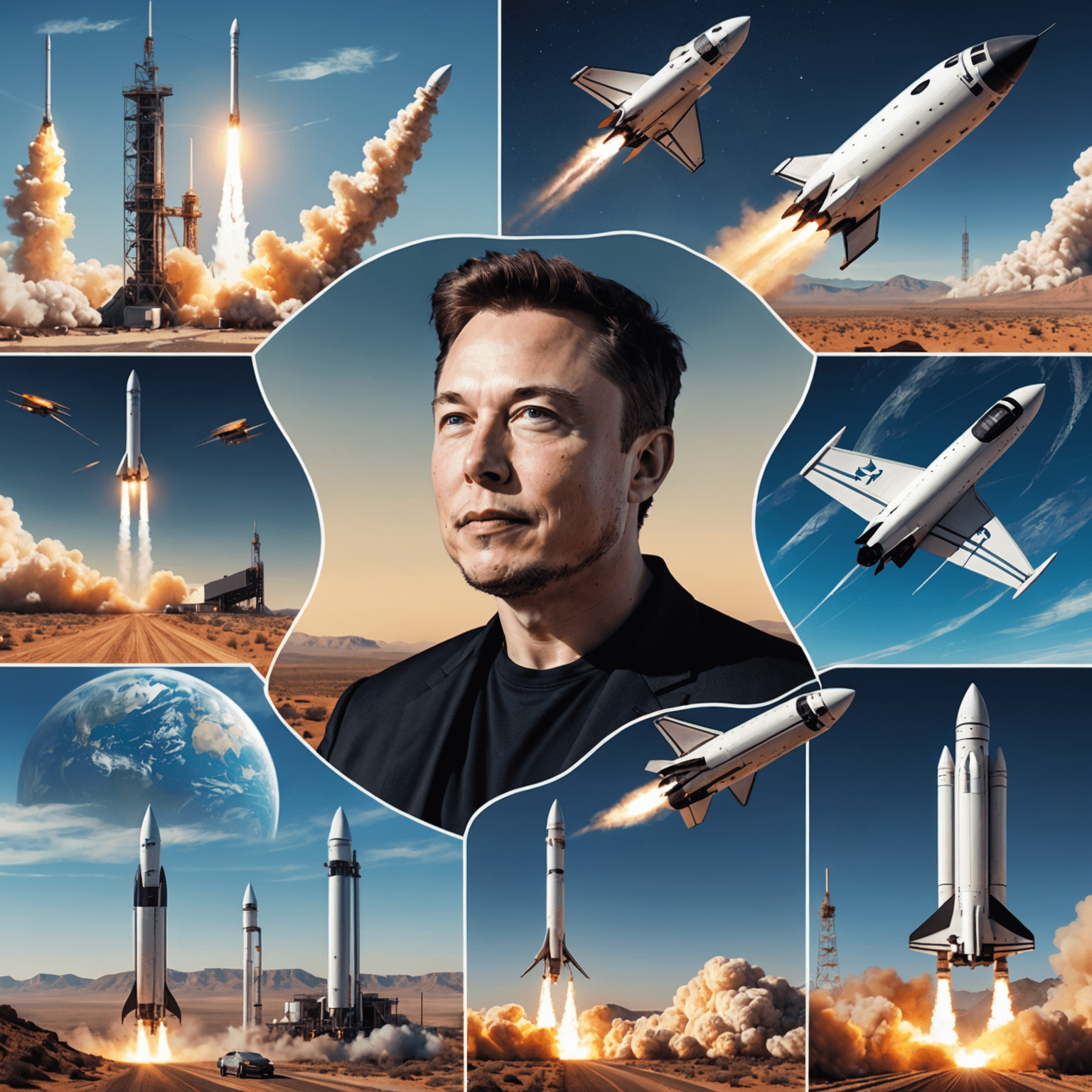 A collage showing Elon Musk's journey from a young South African student to a global tech leader, featuring images of Pretoria, PayPal, Tesla, and SpaceX rockets.