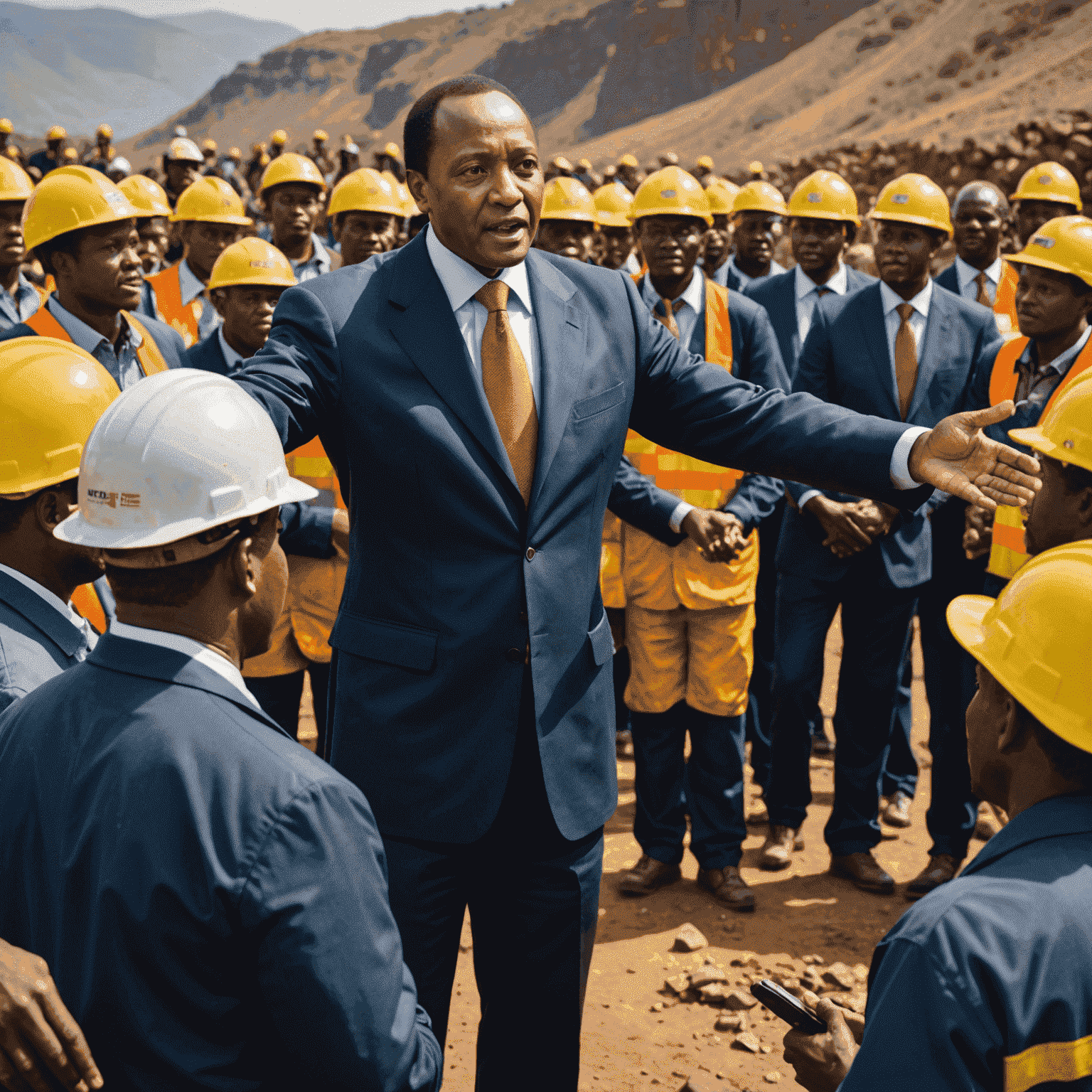 Patrice Motsepe addressing a group of miners and business executives, illustrating his hands-on leadership approach and connection with workers