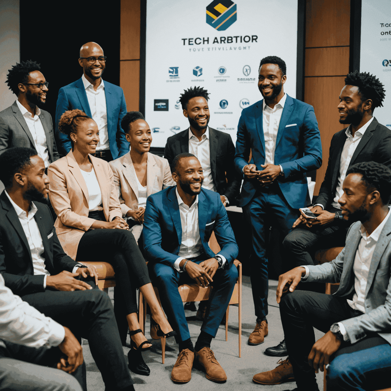 A diverse group of South African tech entrepreneurs and investors gathered at a conference, discussing future trends and opportunities in the country's tech industry